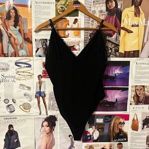 Sexy Plunge V-Neck Velvet Ribbed Bodysuit